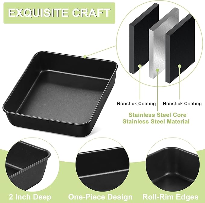 E-far 9 Inch Square Cake Pan Set of 2, Nonstick 9x9 Baking Pan with Stainless Steel Core, Black Metal Bakeware for Brownies Lasagna Cakes, Non-toxic & Easy Clean, 2 Inch Deep