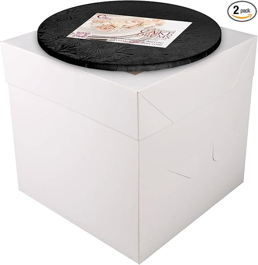 Cakebon Cake Boxes with Boards - 10 Inch Round Cake Drum Black - Box With Window for Birthdays, Weddings and Parties (1pc Each, 2pcs Total)