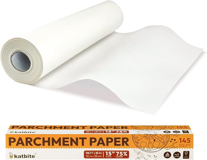 Katbite Parchment Paper Roll 15in x 115ft, White Pachment Baking Paper Roll 145 Sq.Ft, Non-Stick and Extra Longer Parchment Paper with Portable Serrated Cutter for Baking,Cooking,Space-saving
