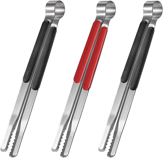 3-Piece Stainless Steel BBQ Tongs Set - Heavy Duty Food Tongs for Korean Barbecue, Grilling, Kitchen, Serving with Secure Grip (2 Black, 1 Red)