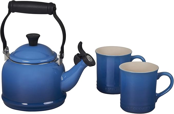 Le Creuset Enamel On Steel Demi Kettle & Stoneware Set of 2 Mugs, 1.25 qt. Kettle & (2) 14 oz. Mugs, Marseille