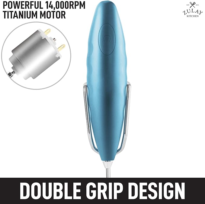 Zulay Double Grip Milk Frother for Coffee With Upgraded Holster Stand - Coffee Frother Handheld - Electric Handheld Foam Maker - Hand Mixer for Latte, Matcha - Electric Whisk (Metallic Ice Blue)