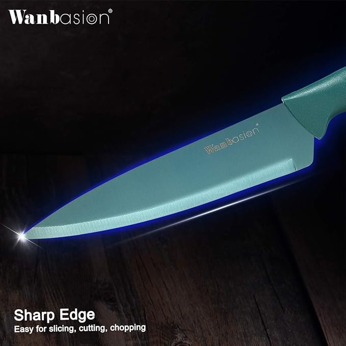 Wanbasion Green Professional Kitchen Knife Set, Stainless Steel, Dishwasher Safe with Sheathes