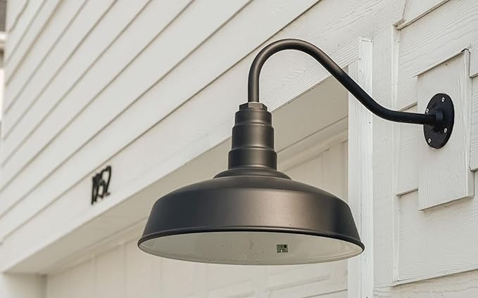 Steel Lighting Co. Gardena Barn Light | Outdoor Wall Mounted | 16" Dome | 11" Straight Arm | Farmhouse Light Made in America | Modern Gray Exterior/Brass Interior