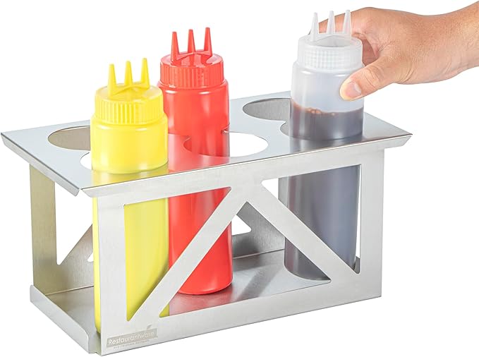 Restaurantware Squeeze Bottle Holder Pack of 1 Stainless Steel 6 Hole Bottle Holder, 2.93" Diameter Fits 1/3 Size Opening, Dishwasher Friendly Integrated Lip Design Holder for Condiment Bottles