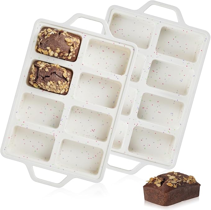2-Pack Silicone Mini Loaf Pan Set – 8-Cavity Nonstick Baking Molds with Metal-Reinforced Handles – BPA-Free, Odor-Resistant Silicone Pans for Mini Bread, Cakes & Meatloaf – Cream