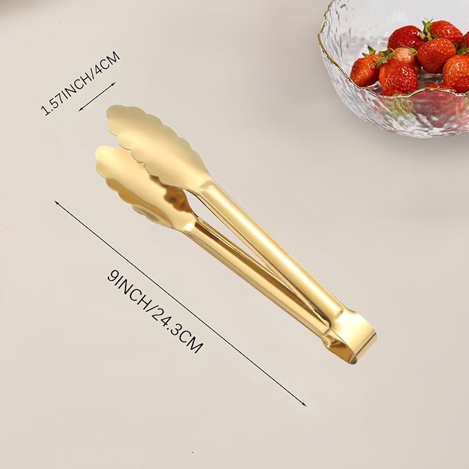 Gold Serving Tongs & Utensils, 4 Pack 9 Inch Non-slip Grip Stainless Steel Gold Tongs for Serving Food, Buffet, Party, Salad & Ice
