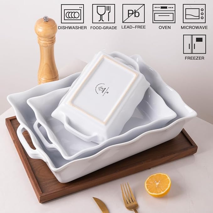 Sweejar Casserole Dishes for Oven, Ceramic Bakeware Set of 3, Rectangular Baking dish with Handles, Wave Edge Lasagna Pan Deep for Cooking, Cake, Dinner, Banquet and Daily Use (White)