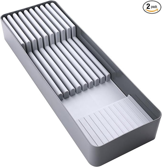 Linoroso Knife Drawer Organizer With In-Drawer Knife Block for 9 Knives, Kitchen Utensil Organizer, BPA Free Secure Storage Tray for Countertop Organization