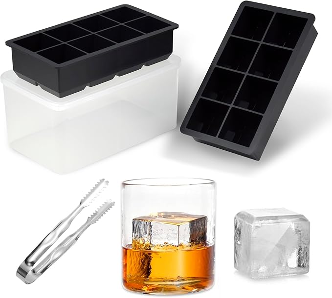 Bangp Large Ice Cube Tray with Bin and Tongs,2 Pack Large Size Silicone Ice Cube Trays for Whiskey, Big Square Ice Cube Molds Making 16 Giant Ice Cubes for Whiskey Cocktails Bourbon