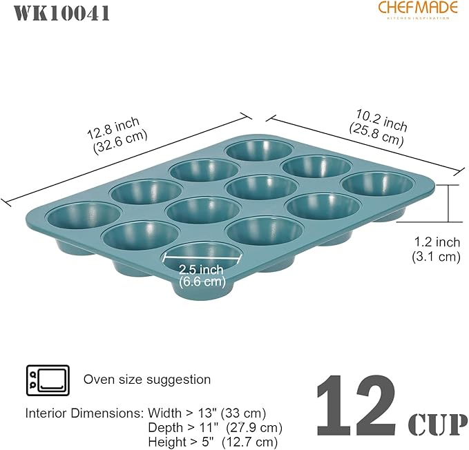 CHEFMADE Muffin Pan, 12 Cups Non-Stick Cupcake Baking Pan Heavy Duty Carbon Steel Pan Muffin Tins Standard Baking Mold for Cakes（Green）