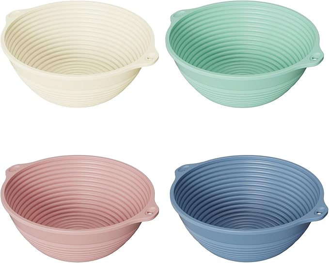 4 Pcs Upgraded Silicone Sourdough Bread Proofing Basket with Handles - Reinforced Rim Support, 9 Inch Foldable Bowls for Sourdough Bread Baking, Oven & Dishwasher Safe-BPA Free(Green,Beige,Pink,Blue)