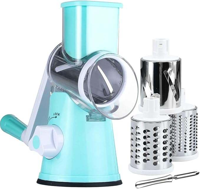 Rotary Cheese Grater with Handle Vegetable Shredder Round Kitchen Slicer Mandoline Grater for Vegetable, Nuts, Chocolate, Cheese, White, 3 Stainless Steel Blades