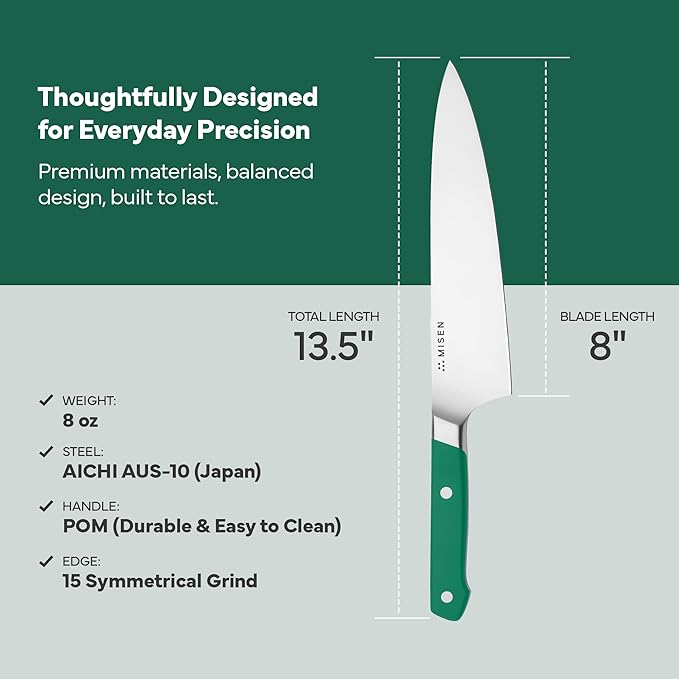 Misen 8" Chef Knife – High Carbon Japanese AUS-10 Stainless Steel – Hybrid German & Japanese Blade – Precision Kitchen Knife for Professionals & Home Cooks – Ultimate Cutting Performance - Green