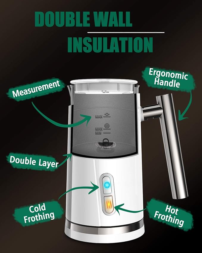 Huogary Milk Frother, Large Capacity Milk Frother and Steamer, Electric Warm & Cold Milk Foam Maker, Non Stick Automatic Milk Foam Maker and Milk Warmer for Latte, Cappuccinos, Macchiato, White