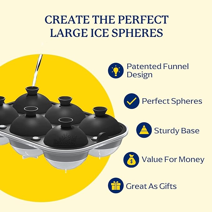 Samuelworld Large Ice Ball Mold with Lid and Bin, 2.5 Inch Ice Balls - Food Grade, Easy To Fill Round Silicone Ice Tray, Perfect Spheres Craft Ice Maker for Whiskey, Cocktails-Black (2 Pack)