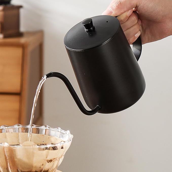 Pour Over Coffee Kettle, 12oz Stainless Steel Gooseneck Spout Pour Over Coffee Kettle Long Narrow Drip Spout Coffee Tea Pots for Pour Over Coffee, Home Brewing, Camping (12oz, Black with Lid)