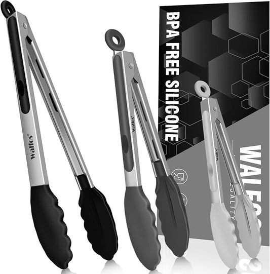 Heat Resistant Silicone Tongs Set - 600 Degrees, Kitchen Tongs for Cooking, Grilling, Turning - Stainless Steel and BPA Free Silicone Tips (7", 9" and 12 inch)