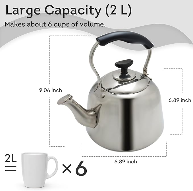 Lily's Home Whistling Tea Kettle for Stovetop, 2 Quart Stainless Steel Water Kettle with Loud Whistle, Cool-Touch Handle & Induction Compatible Base - For Gas, Electric, & Induction Cooktops