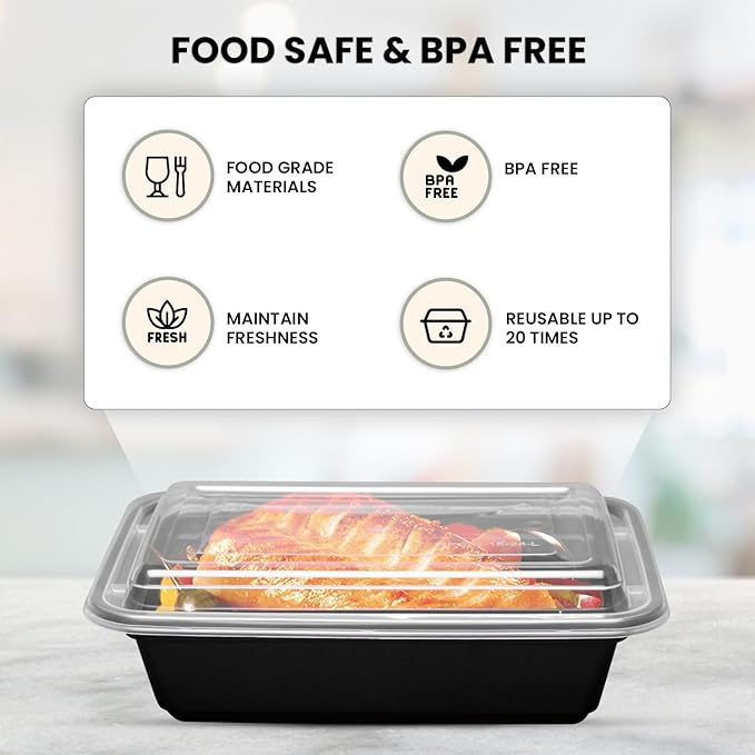 Klex 32 Oz, 150 Sets Meal Prep Containers with Airtight Lids, BPA Free, Reusable Plastic Food Container, 32 oz, Rectangular, Black/Clear, 150 Sets