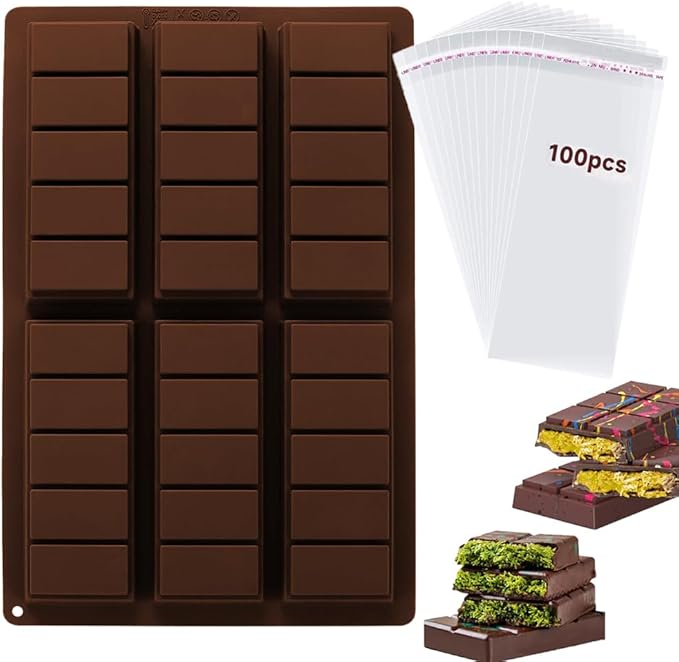 Silicone Chocolate Bar Mold With 100 Bags - Non-Stick Deep Molds for Dubai Bar, Candy, Snacks