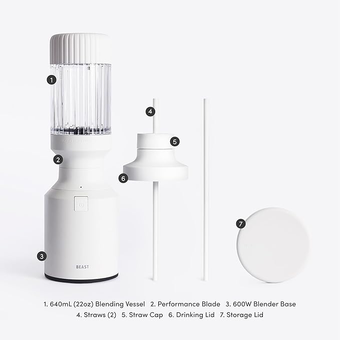 The Beast Mini Blender | Mini Countertop Kitchen Blender | Blend Smoothies and Shakes, Dressings, Sauces, Dips | Straw Cap and Straws Included | 600W (Cloud White)