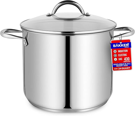 Stainless Steel Stockpot with Tempered Glass Lid 24 Quart, Durable 18/0 Stainless Steel, Impact-Bonded Base for Even Heating, Riveted Handles, Oven & All Stove Compatible, Safe Up To 500°F (260°C)