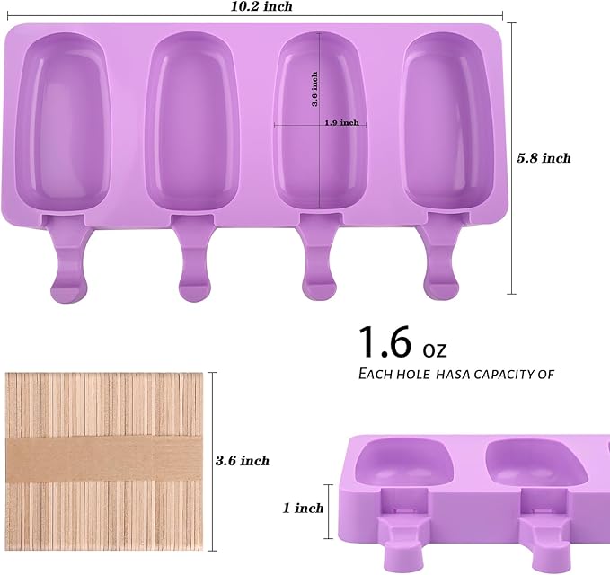 WMKGG Popsicle Silicone Molds Set, 2 PCS Ice Cream Molds with 50 Wooden Sticks for Cake Pop, Ice Pop, Cakesicles (Standard Size/Purple)