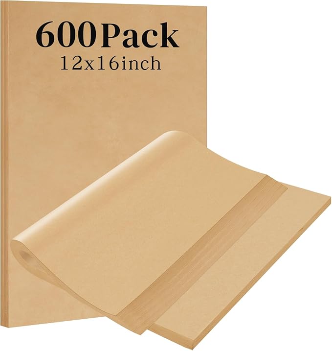 600Pcs Unbleached Parchment Paper Sheets for Baking, 12 x 16 Inch, Non-Stick Precut Half Sheet Parchment Paper for Baking, Cooking, Air Fryer, Oven (brown-12" x 16"-600pack)