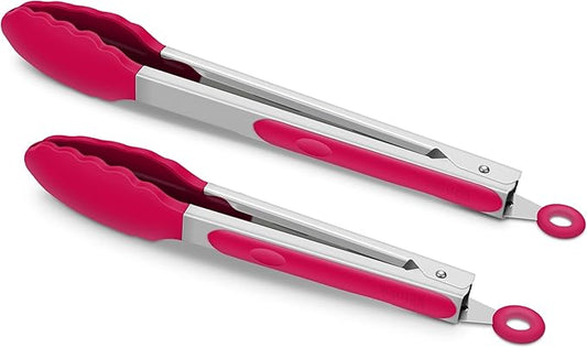 Premium Stainless Steel Food Tongs, 9-Inch & 12-Inch Wine Red Silicone BPA Free Non-Stick BBQ Cooking Grilling Locking Kitchen Tong