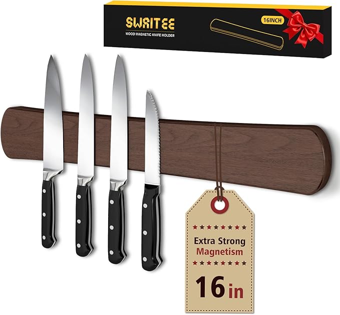 Magnetic Knife Holder for Wall, 16 Inch Wood Knife Strip with Strong Magnetism, Kitchen Accessories Organizer, Housewarming Gifts for New Home, Storage Space Savers for Apartment/Rv/Farmhouse