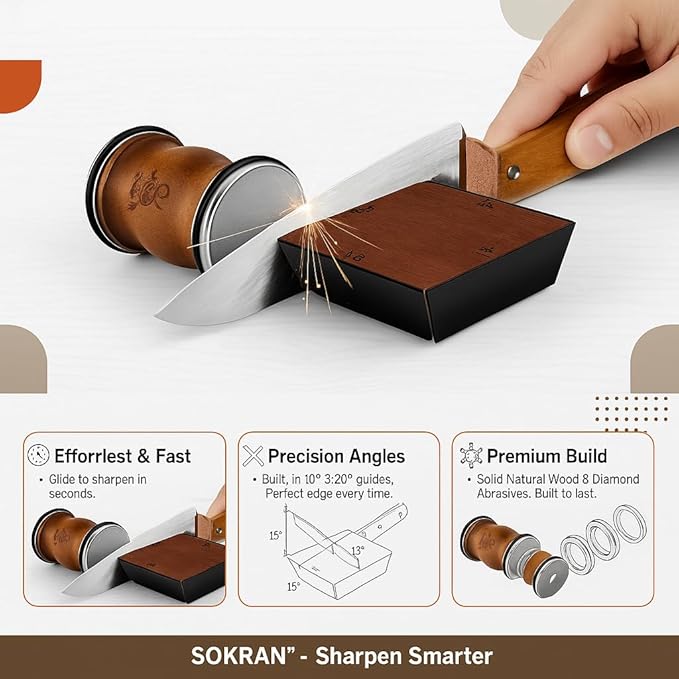 Rolling Knife Sharpener- Diamond Knife Sharpening Kit- Professional Magnetic Sharpening System- Circular Knife Sharpener Roller with Fixed Angle Support 12° 15° 2° 25°
