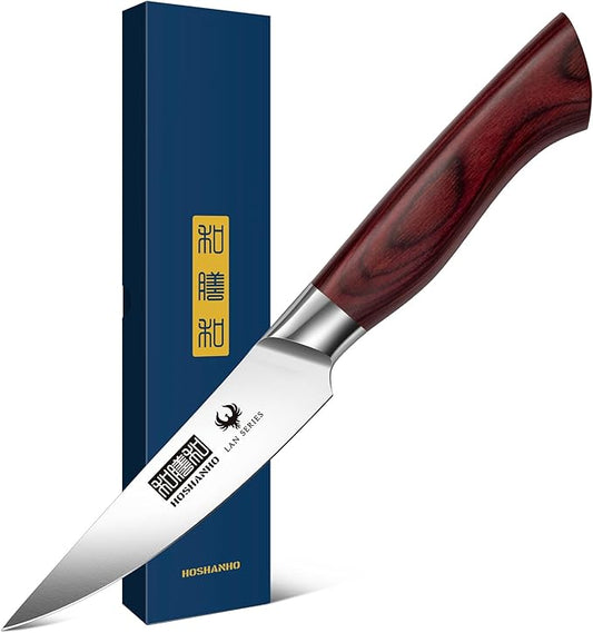 HOSHANHO 3.75 Inch Paring Knife, Ultra Sharp High Carbon Stainless Steel Small Kitchen Knife, Professional Janpanese Fruit Knife with Ergonomic Wood Handle