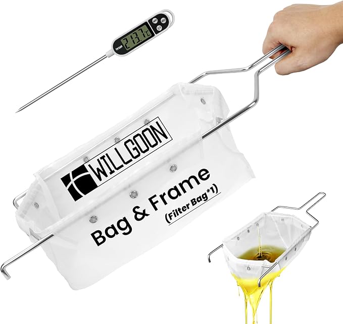 Fryer Filter Bag & Frame Set, Reusable Oil Strainer for 70 lb Cooking Oil, Fine Mesh to Capture Crumbs, Durable for Home & Commercial Use, with 1 Professional Food Thermometer