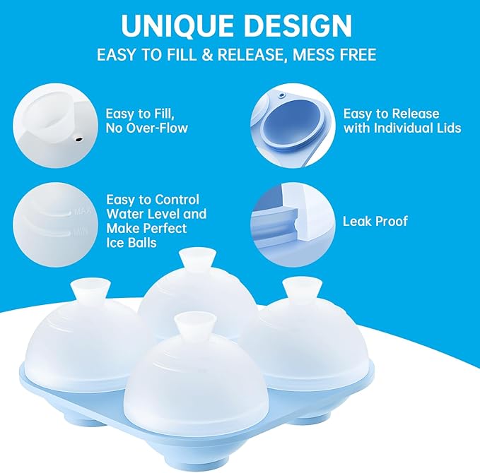 HONYAO Whiskey Ice Ball Mold, 4 x 2.4 Inch Large Ice Ball Maker Mold, Food Grade Silicone Round Ice Cube Mold - BPA Free, Easy to Fill & Release Sphere Ice Cube Tray for Cocktails Bourbon Rum - Blue