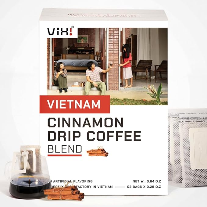 VIXI Drip Coffee Cinnamon Flavor, 16 Bags, Natural Vietnamese Ground Coffee, Blended, Medium Roast, Hanging Ear, Disposable, Balanced Taste, Single Serve, Perfect for Camping