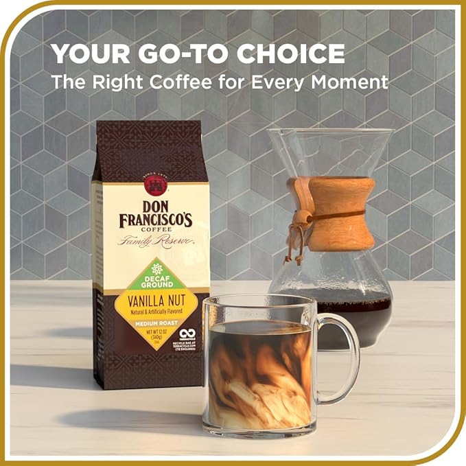 Don Francisco's Decaf Vanilla Nut Ground Coffee, Medium Roast – Flavored 100% Arabica, 12 oz Bag, Premium Coffee for Drip, Pour Over & French Press
