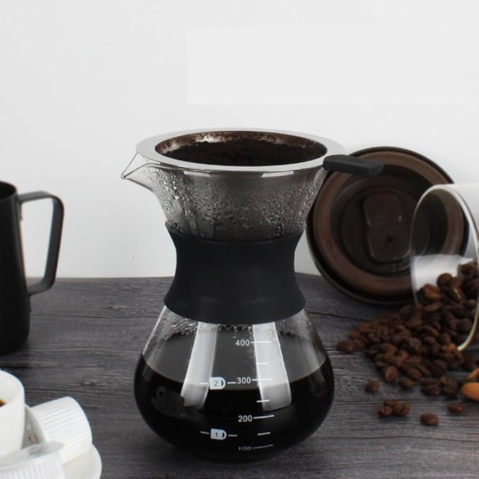 Zopsc 400ml Manual Hand Drip Glass Coffee Maker Pot with Stainless Steel Filter, Marks, Fine Mesh, Suitable for Kitchen, Dining Table, Easy to