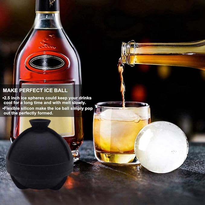 Sphere Ice Molds - 6 Pack - Silicone Ice Ball Molds with Built-in Funnel - Round Ice Cube Molds - Make 2.5 Inch Big Ice Sphere for Whiskey & Cocktails,Food Grade and BPA Free, Black