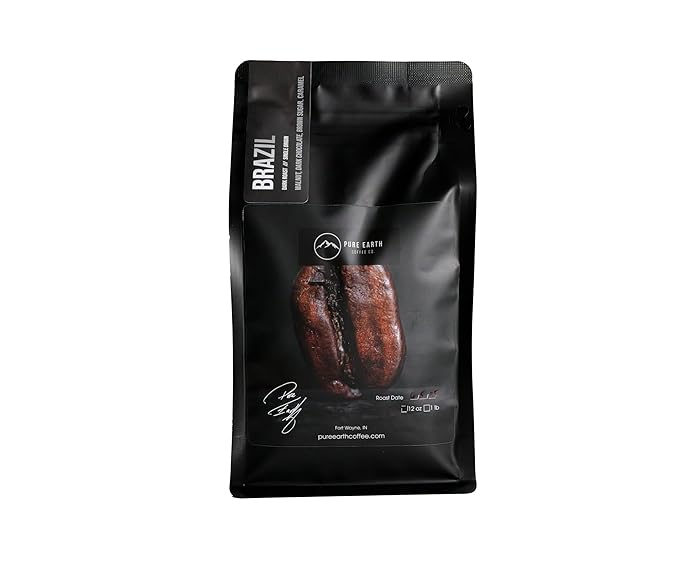 PURE EARTH COFFEE CO. Whole Bean Coffee, Brazil Single-Origin Beans, Dark Roast, Bold Gourmet Specialty Grade Coffee, Chocolate, Walnut, Bold and Smooth Flavor Notes 12oz
