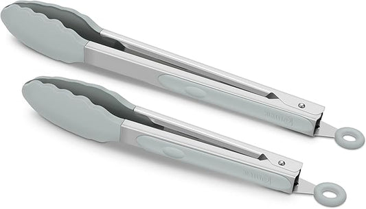 2 Pack Warm Grey Kitchen Tongs, Premium Silicone BPA Free Non-Stick Stainless Steel BBQ Cooking Grilling Locking Food Tongs, 9-Inch & 12-Inch