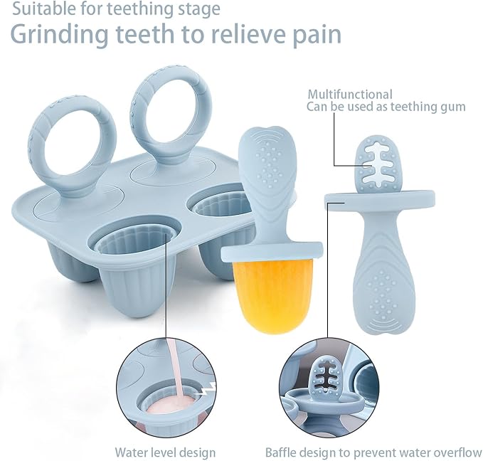 Silicone Baby Ice Pop Molds with Easy-Grip Handles, 4-Cavity Frozen Treat Tray for Toddlers, Mini Popsicle Maker for Teething Relief, Fruit Puree & Breastmilk Snacks (Olive Green)