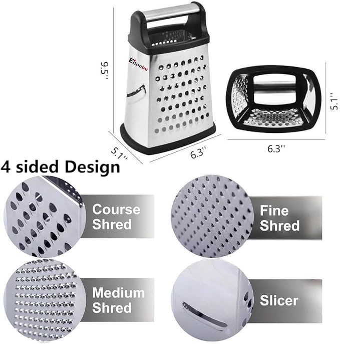 Multifunctional Stainless Steel Grater Slicer with Handle, Large 4 Sides Cutter for Ginger, Garlic, Cucumbers, Carrots, Cheese, Potato，Dishwasher Safe （Black）