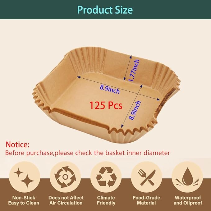 parchment paper for air fryer, 8.9inch square air fryer liners disposable,125PCS Non-stick parchment paper sheets for 8-12QT airfryer liners, Baking, Roasting Microwave