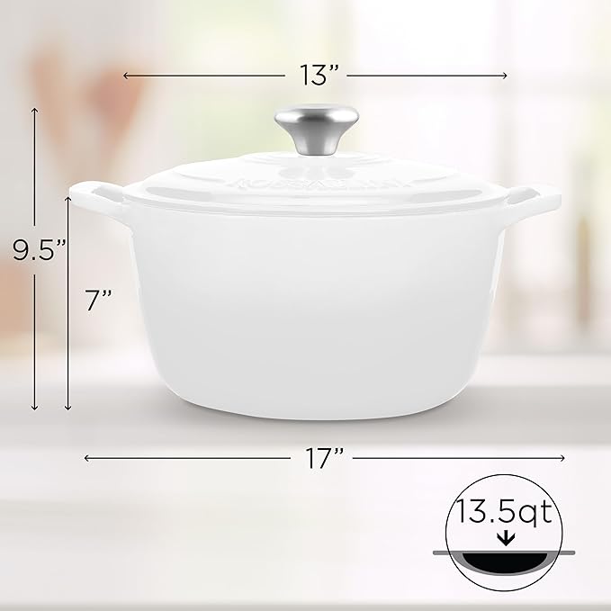 Signature Enameled Cast Iron Dutch Oven, Non-Stick Serving Pot with Tight Fitting Lid for Perfect Roasting, Baking, Sauteing, and Bread Making | 13.5Q (12.7L) - White