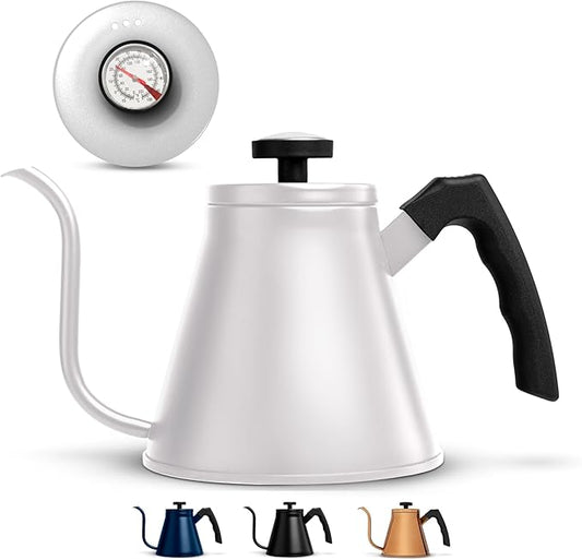 Kook Gooseneck Kettle, Kettle Stovetop, with Thermometer, Tea Pot, for Pour Over Coffee & Tea, Temperature Gauge, Electric, Compatible for Gas Stovetop, 3 Ply Stainless Steel Base, 27 oz, (White)