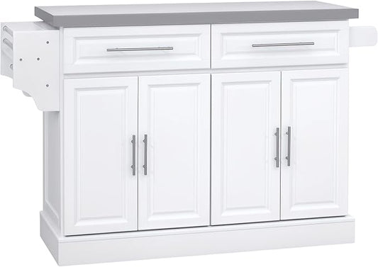HOMCOM Rolling Kitchen Island Cart with Wheels, Portable Island Table for Kitchen with Stainless Steel Top, Adjustable Shelves, 2 Drawers, Spice, Knife and Towel Rack, White