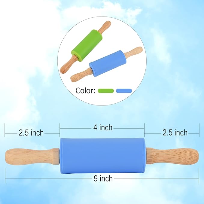 Mini Silicone Rolling Pin for Kids, Non-stick Surface Wood Handle, 9 Inch 4 Pack