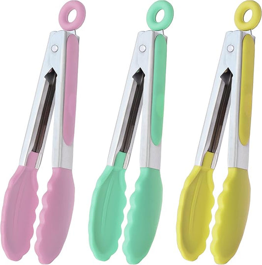 Small Tongs with Silicone Tips 7-Inch Serving Tongs, Set of 3 (Pink Mint Yellow)