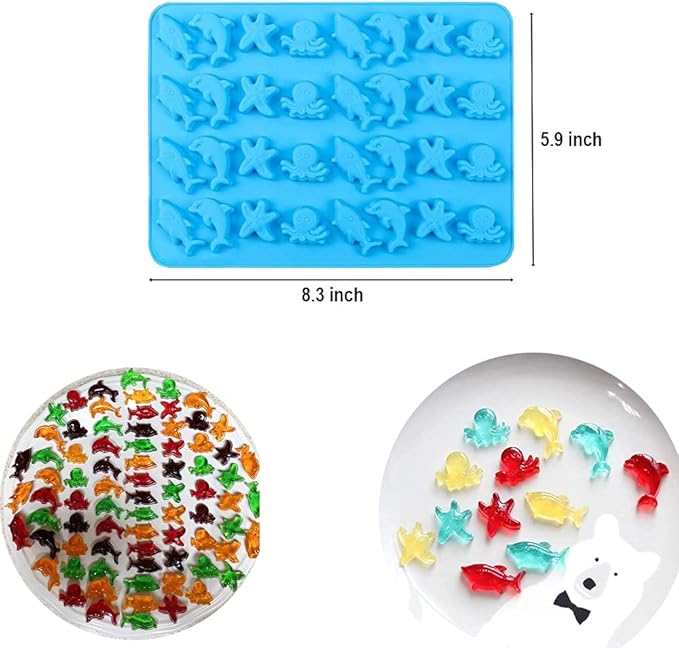 3 Pack Mini Silicone Gummy Candy Chocolate Molds Contains Small Hearts, Fruits, Marine Animal Shapes and 2 Droppers for Making Gummy, Candy, Chocolate and Small Ice Cubes